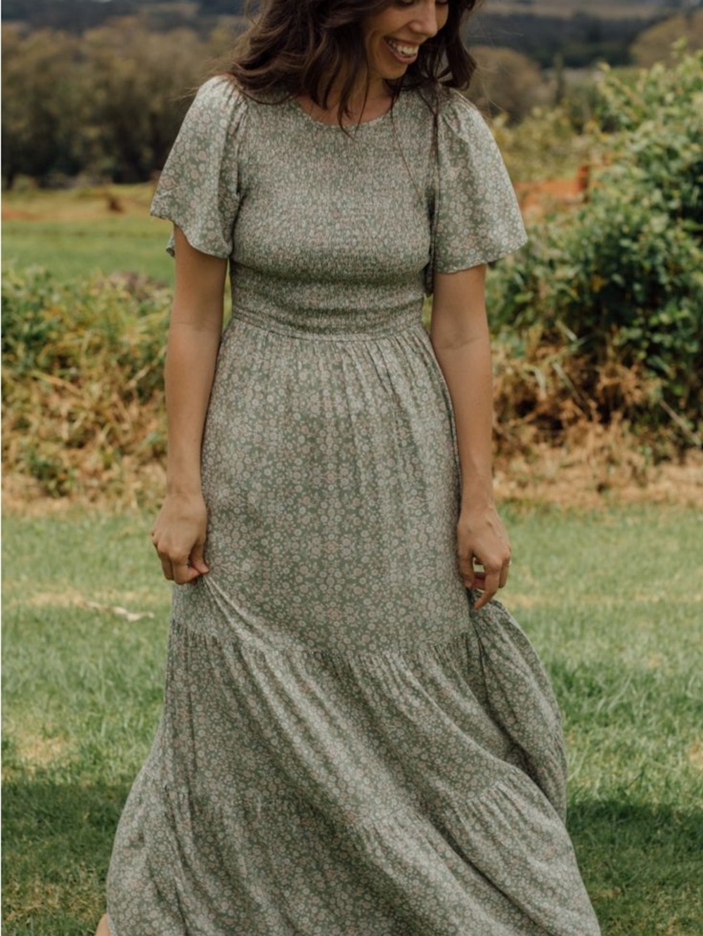 Neuflora couer d’alene medium Smocked Bodice Floral Maxi Dress in Sage Green